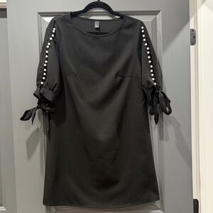 Mid Length Black Dress with Pearl Accents